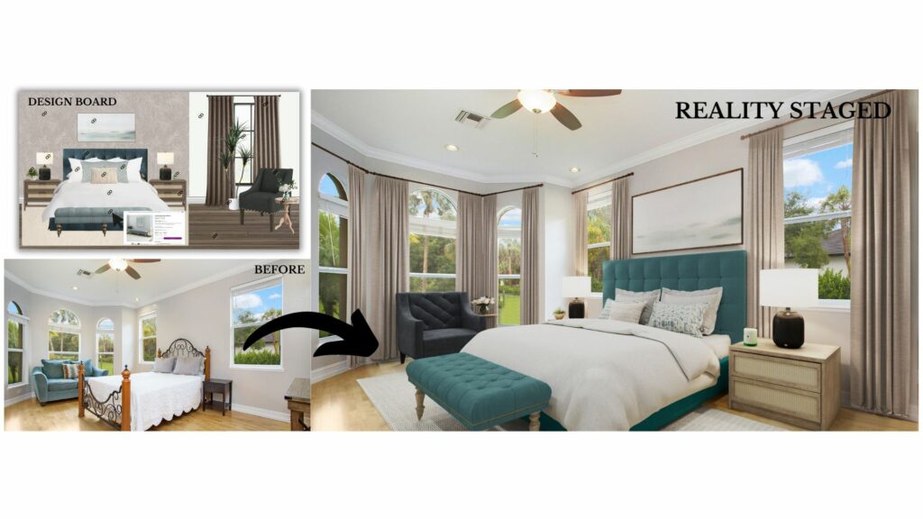 Collage showing a design board and the before and after photo of a bedroom using it